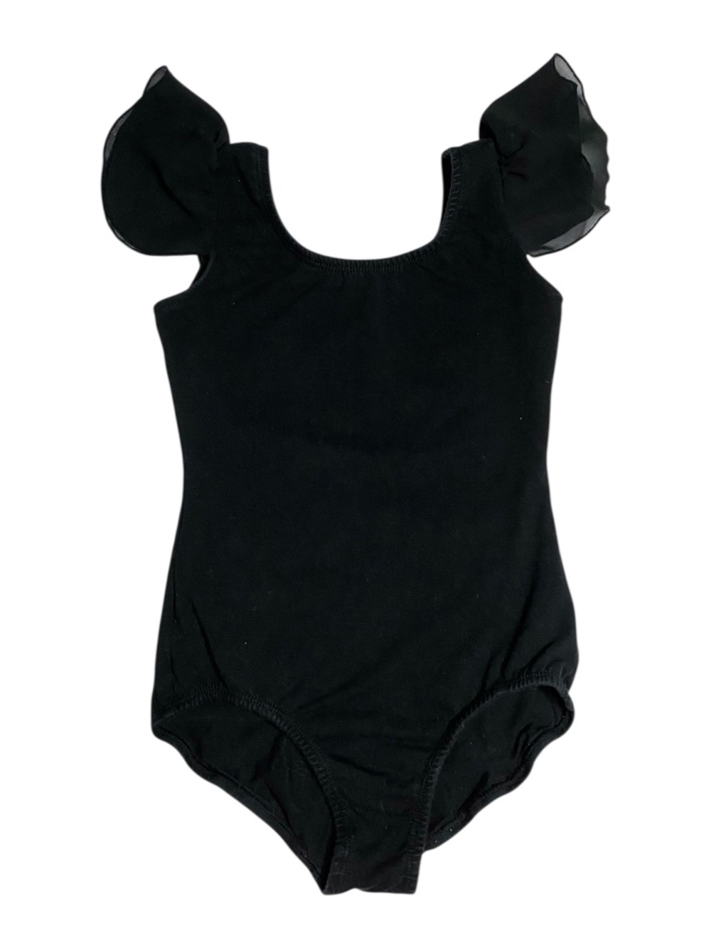 size 4t / 110 solid black leotard with mesh flutter sleeves  Elastic around leg